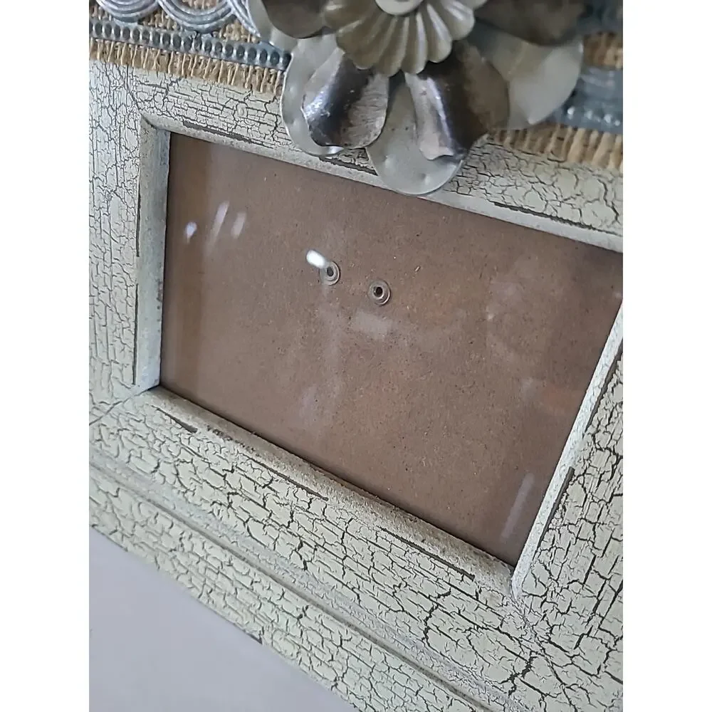 Country Style Picture Frame w/ Metal Flower Holds 3